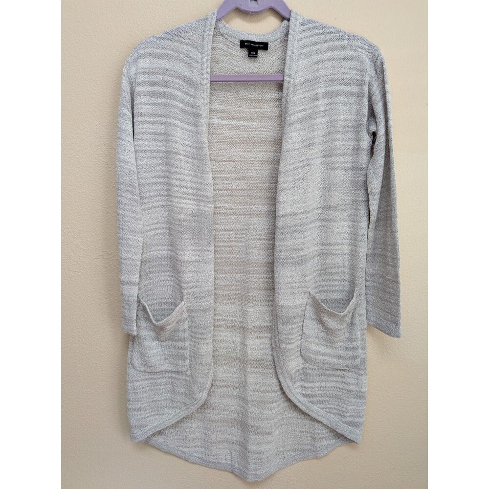 H by Halston Textured Space Dye Open Front Cardigan-Grey-XXS